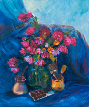 Peinture intitulée "Chrysanthemums and…" par Anna Ovsiankina, Œuvre d'art originale, Huile