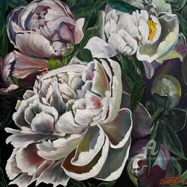 Painting titled "Light peonies" by Anna Pavlovich-Naneva, Original Artwork, Oil Mounted on Wood Stretcher frame