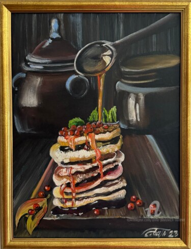 Ζωγραφική με τίτλο "Pancakes" από Anna Pavlovich-Naneva, Αυθεντικά έργα τέχνης, Λάδι Τοποθετήθηκε στο Ξύλινο φορείο σκελετό