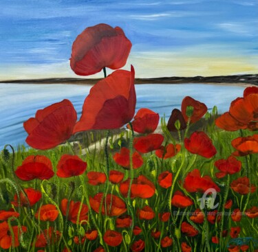 Schilderij getiteld "Poppies over the sea" door Anna Pavlovich-Naneva, Origineel Kunstwerk, Olie Gemonteerd op Frame voor ho…