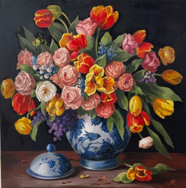 Schilderij getiteld "Flemish Bouquet" door Anna Reznikova, Origineel Kunstwerk, Acryl Gemonteerd op Frame voor houten branca…