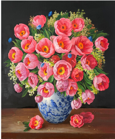 Painting titled "Bouquet Peonies in…" by Anna Reznikova, Original Artwork, Acrylic