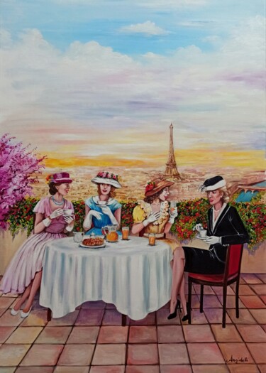 Malarstwo zatytułowany „Colazione a Parigi” autorstwa Anna Rita Angiolelli, Oryginalna praca, Olej Zamontowany na Drewniana…
