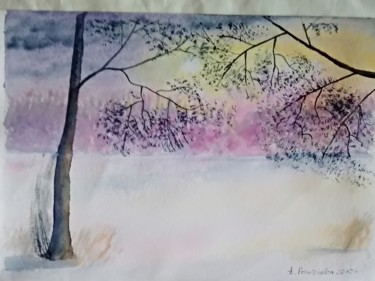 Malarstwo zatytułowany „Зима. Дерево. Закат.” autorstwa Анна Роготнева, Oryginalna praca, Akwarela