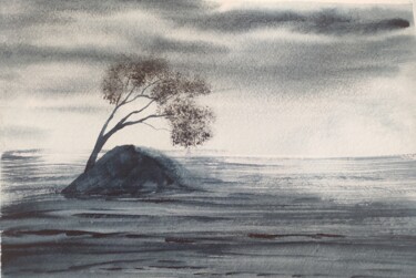 Pittura intitolato "ночь, море, дерево" da Anna Rogotneva, Opera d'arte originale, Acquarello