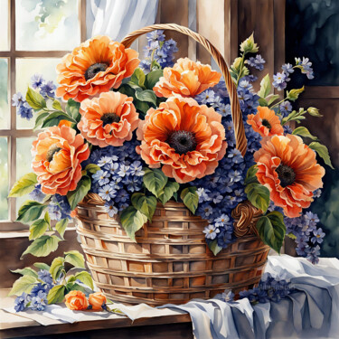 Schilderij getiteld "Poppies in a basket" door Anna Russo, Origineel Kunstwerk, Tempera Gemonteerd op Houten paneel