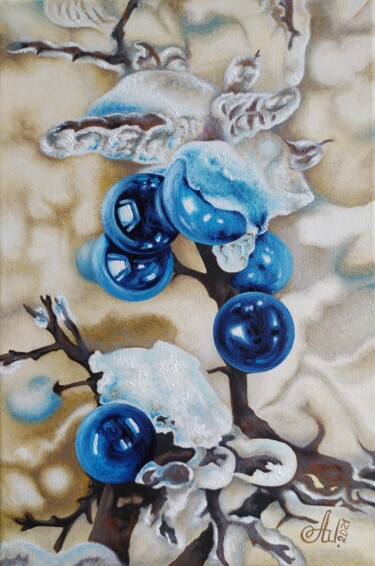 Painting titled "Frozen berries" by Anna Shabalova, Original Artwork, Oil Mounted on Wood Stretcher frame
