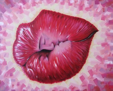 Schilderij getiteld "Time for kisses" door Anna Shabalova, Origineel Kunstwerk, Olie Gemonteerd op Frame voor houten brancard