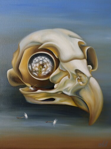 Pintura intitulada "Owl (skull)" por Anna Shabalova, Obras de arte originais, Óleo Montado em Cartão