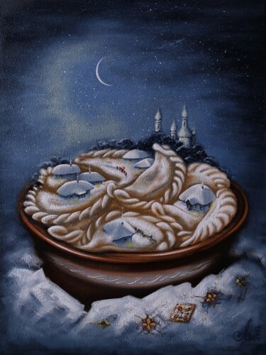 Painting titled "Ukrainian Christmas" by Anna Shabalova, Original Artwork, Oil Mounted on Wood Stretcher frame