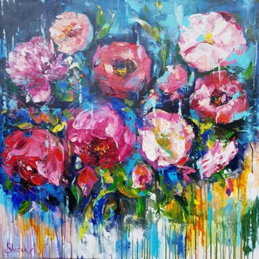 Painting titled "Flowery Mood" by Anna Shostak, Original Artwork, Acrylic Mounted on Wood Panel