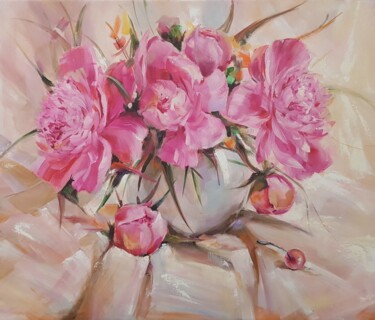 Schilderij getiteld "Peonies" door Anna Shostak, Origineel Kunstwerk, Olie Gemonteerd op Houten paneel