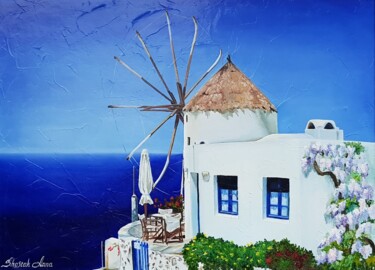 Painting titled "Santorini" by Anna Shostak, Original Artwork, Lacquer Mounted on Wood Panel
