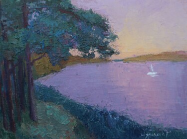 Malerei mit dem Titel "River at sunset" von Anna Shurakova, Original-Kunstwerk, Öl