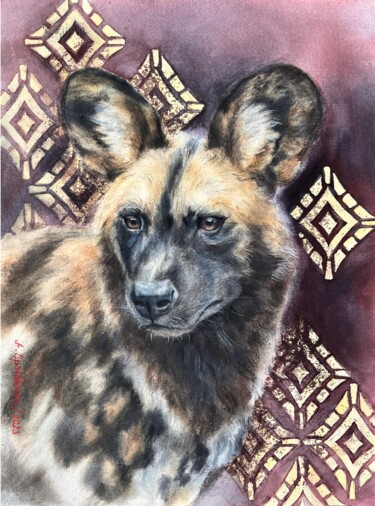 Painting titled "Painted wolf" by Anna Spiridonova, Original Artwork, Watercolor