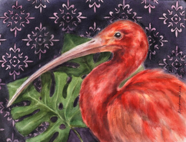 Painting titled "Scarlet ibis" by Anna Spiridonova, Original Artwork, Watercolor