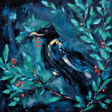 Pittura intitolato "Young raven. Bird a…" da Anna Startseva, Opera d'arte originale, Olio