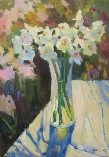 Painting titled "White daffodils" by Anna Trachuk, Original Artwork, Oil Mounted on Wood Stretcher frame