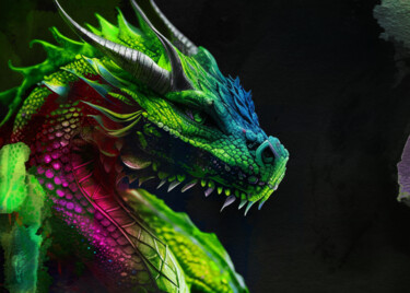 Digital Arts titled "Dragon in green and…" by Anna Vaasi, Original Artwork, Digital Painting
