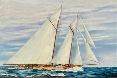 「Schooner "Elena"」というタイトルの絵画 Anna Zhdanyukによって, オリジナルのアートワーク, オイル ウッドストレッチャーフレームにマウント