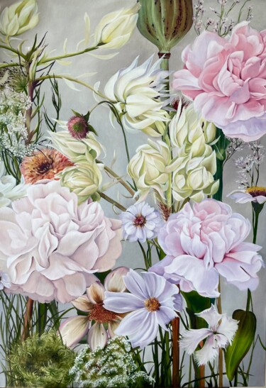 Schilderij getiteld "Just flowers" door Anna Zhdanyuk, Origineel Kunstwerk, Olie Gemonteerd op Frame voor houten brancard