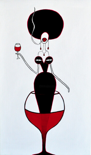 Картина под названием "My tits love red wi…" - Анна Жулева, Подлинное произведение искусства, Акрил Установлен на Деревянная…