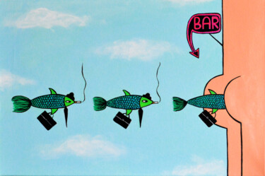 Pintura titulada "Fish fly to the bar" por Anna Zhuleva, Obra de arte original, Acrílico Montado en Bastidor de camilla de m…
