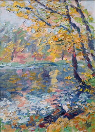 Schilderij getiteld "Осеннее озеро" door Anna Dolganova, Origineel Kunstwerk, Olie