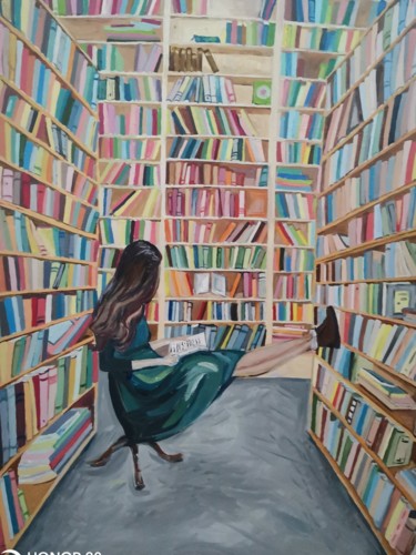 Malerei mit dem Titel "Girl in the library" von Anna Polianskaia, Original-Kunstwerk, Öl
