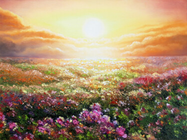 Painting titled "Sea of flowers" by Anna Steshenko, Original Artwork, Oil Mounted on Wood Stretcher frame