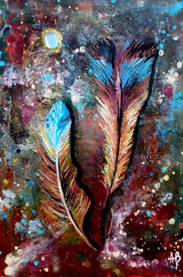 Painting titled "Plumes bleues" by Anne Brigaud, Original Artwork