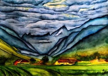 Painting titled "Pyrénées bleues et…" by Anne Brigaud, Original Artwork, Watercolor