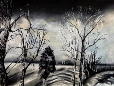 Painting titled "Chemin au sapin" by Anne Brigaud, Original Artwork, Charcoal