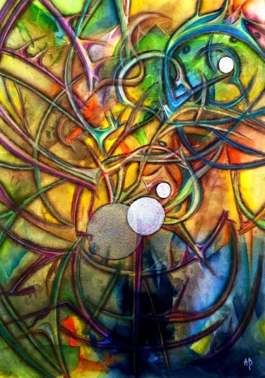 Peinture intitulée "Fractale aux ronds…" par Anne Brigaud, Œuvre d'art originale, Aquarelle