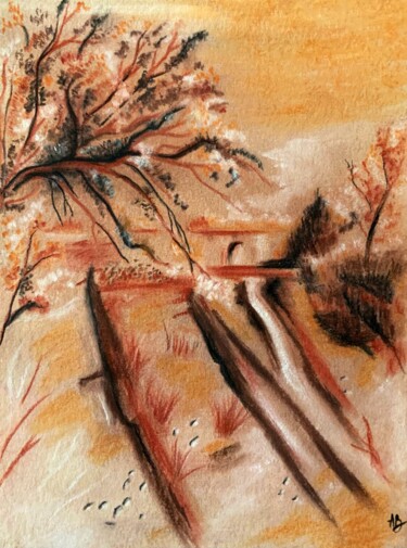 Painting titled "Chemin du pont" by Anne Brigaud, Original Artwork, Charcoal