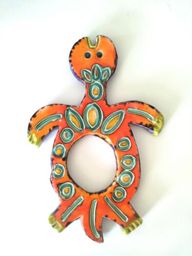 Sculpture titled "Tortue orange et ve…" by Anne Cabon, Original Artwork, Ceramics