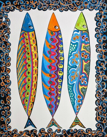 Schilderij getiteld "3 sardines couleurs" door Anne Cabon, Origineel Kunstwerk, Acryl