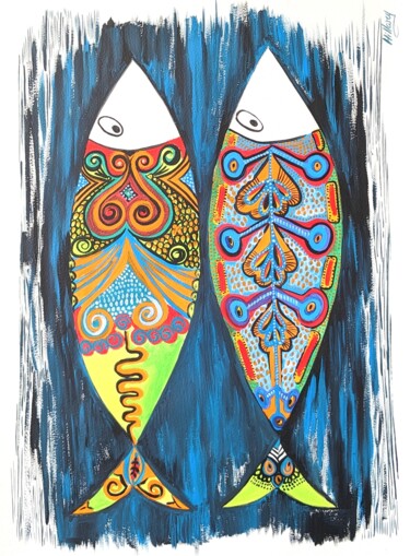 Pintura intitulada "sardine sur papier 4" por Anne Cabon, Obras de arte originais, Acrílico