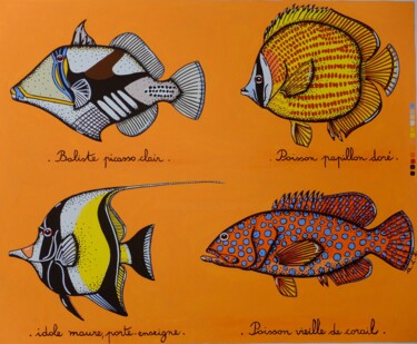 Painting titled "Quatre poissons du…" by Anne-Catherine Levieux (Nuances de Gouaches), Original Artwork, Gouache