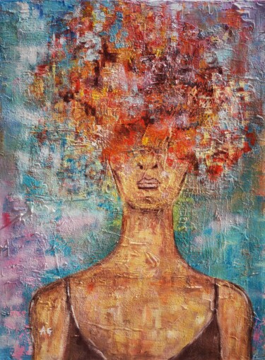 Картина под названием "La tête dans les co…" - Anne Gobin, Подлинное произведение искусства, Акрил Установлен на Деревянная…