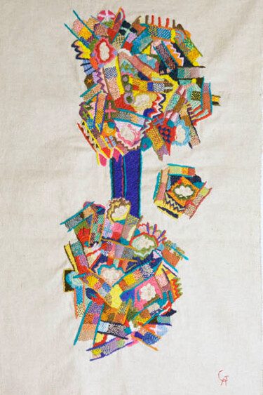 Textile Art titled "arbres-bleu "oeuvre…" by Anne Guerrant, Original Artwork, Embroidery