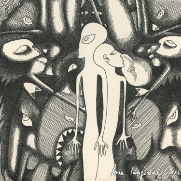 Dibujo titulada "Je mords" por Anne Langérôme, Obra de arte original, Tinta