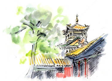 Dibujo titulada "Pékin ,à la Cité in…" por Anne-Marie Mary, Obra de arte original, Acuarela