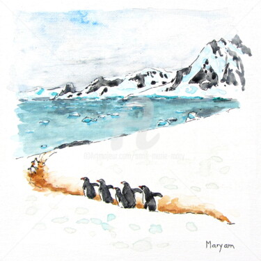 Painting titled "(4)Manchots papous…" by Anne-Marie Mary, Original Artwork, Watercolor Mounted on Other rigid panel
