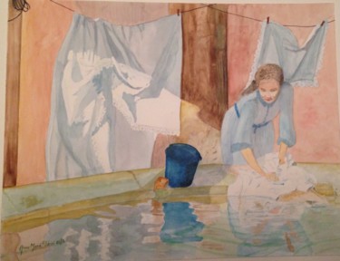 Pintura titulada "La lessive" por Anne Marie Podrini, Obra de arte original, Acuarela