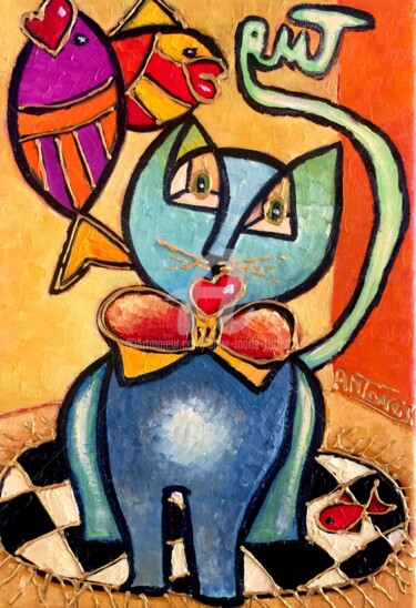 Painting titled "Chat rêveur" by Anne Marie Torrisi, Original Artwork, Oil Mounted on Wood Stretcher frame