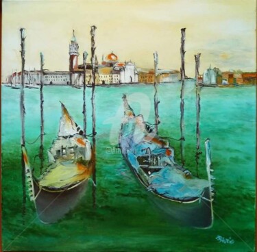 「Venise s'engloutit」というタイトルの絵画 Anne Parisによって, オリジナルのアートワーク, オイル ウッドストレッチャーフレームにマウント