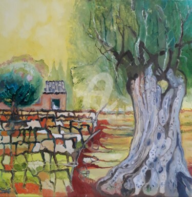 Painting titled "Vignes et oliviers.…" by Anne Paris, Original Artwork, Oil Mounted on Wood Stretcher frame