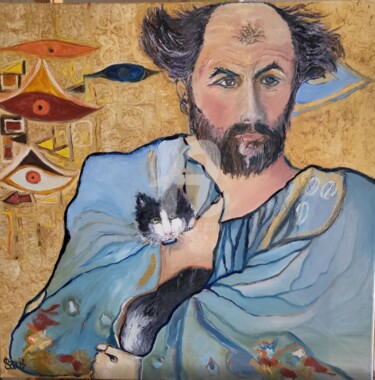 Painting titled "Klimt et  son chat.…" by Anne Paris, Original Artwork, Oil Mounted on Wood Stretcher frame