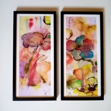 Painting titled "fleurs d'automne" by Anne Quinquis, Original Artwork, Watercolor Mounted on artwork_cat.